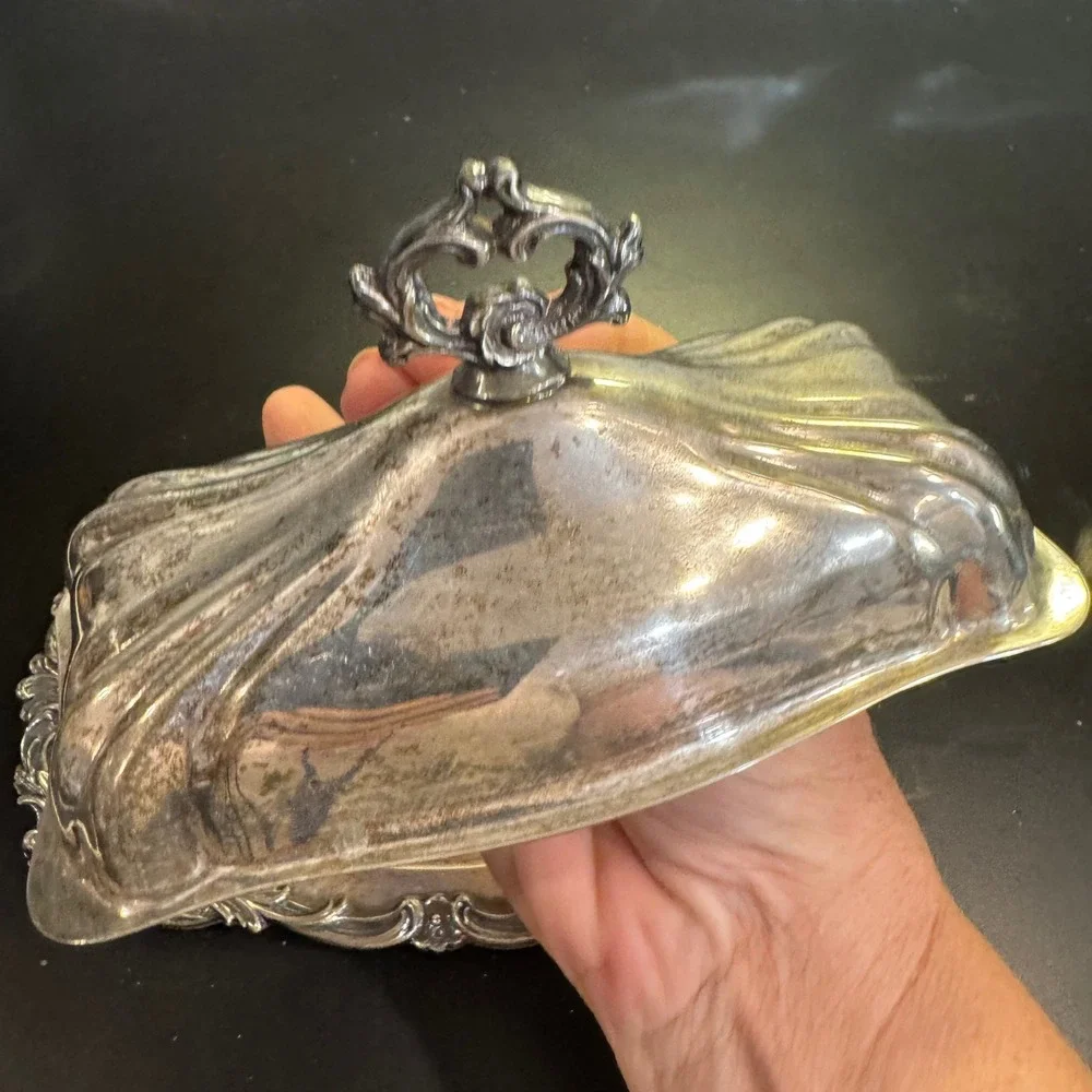 Butter Dish Silver Ornate Scroll Victorian Silver Plate Tray & Lid